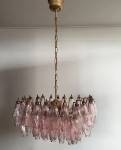 New Pamono Murano Poliedri Chandelier with Pink Glasses from Carlo Scarpa, 1990s