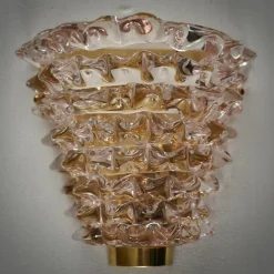 Clearance Pamono Murano Round Art Glass and Brass Light Pink Color Wall Light, 2000