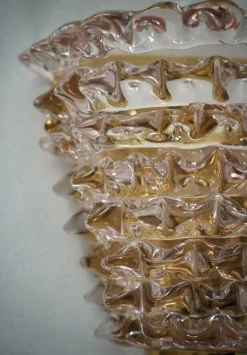 Clearance Pamono Murano Round Art Glass and Brass Light Pink Color Wall Light, 2000