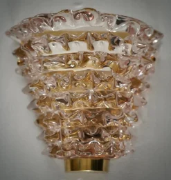 Clearance Pamono Murano Round Art Glass and Brass Light Pink Color Wall Light, 2000