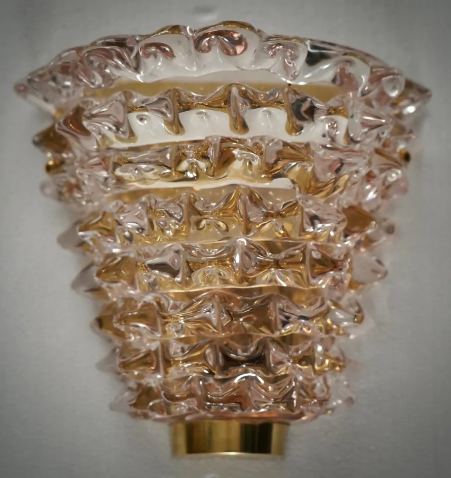 Clearance Pamono Murano Round Art Glass and Brass Light Pink Color Wall Light, 2000