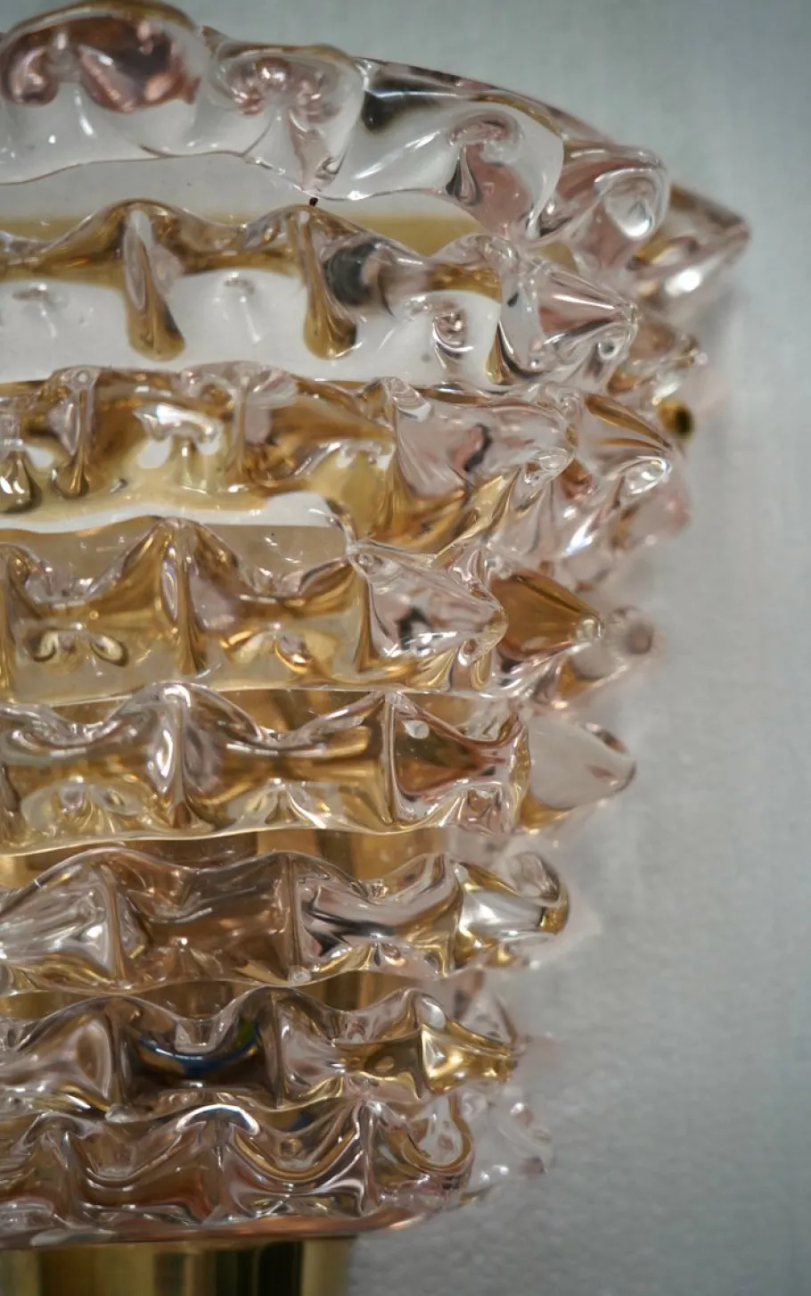 Clearance Pamono Murano Round Art Glass and Brass Light Pink Color Wall Light, 2000