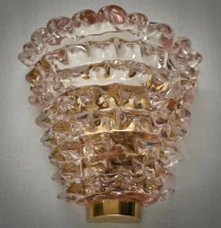 Clearance Pamono Murano Round Art Glass and Brass Light Pink Color Wall Light, 2000