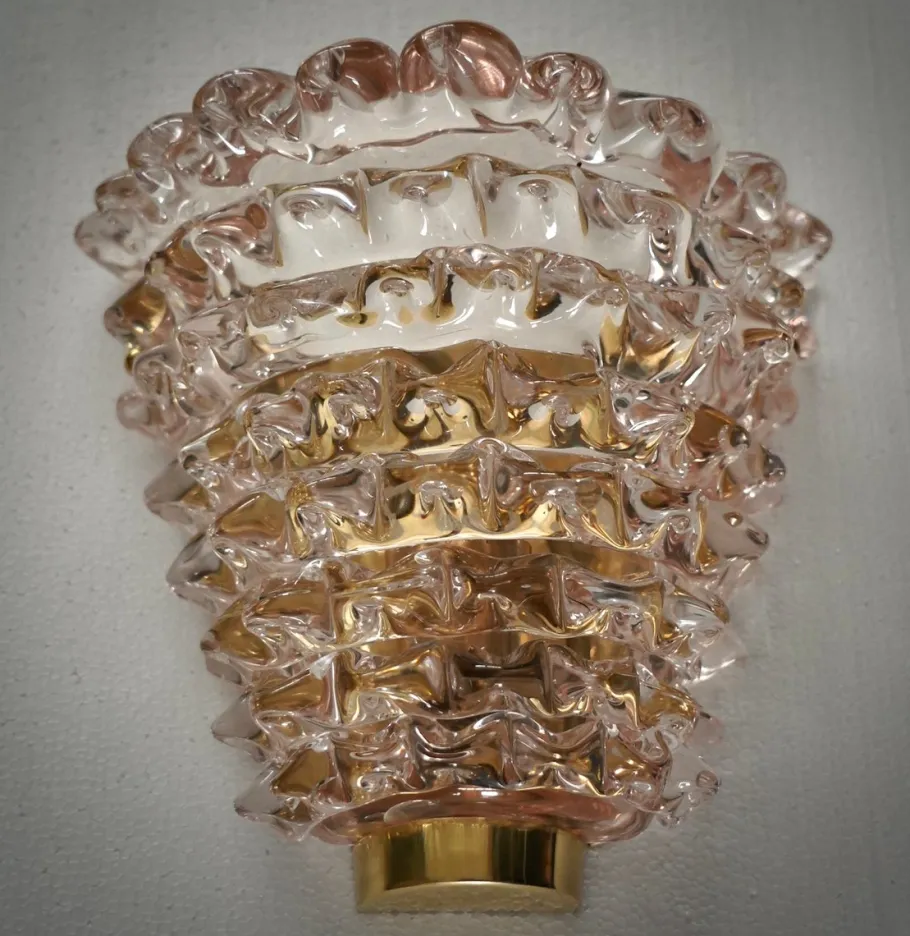 Clearance Pamono Murano Round Art Glass and Brass Light Pink Color Wall Light, 2000