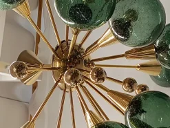 Hot Pamono Murano Sputnik Spherical Green Glass and Brass Chandelier, 1990