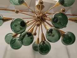 Hot Pamono Murano Sputnik Spherical Green Glass and Brass Chandelier, 1990