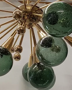 Hot Pamono Murano Sputnik Spherical Green Glass and Brass Chandelier, 1990
