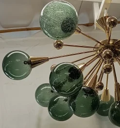 Hot Pamono Murano Sputnik Spherical Green Glass and Brass Chandelier, 1990