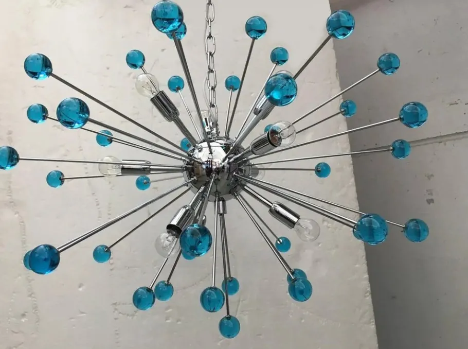 New Pamono Murano Style Glass Sputnik Blue Italian Handmade Chandelier