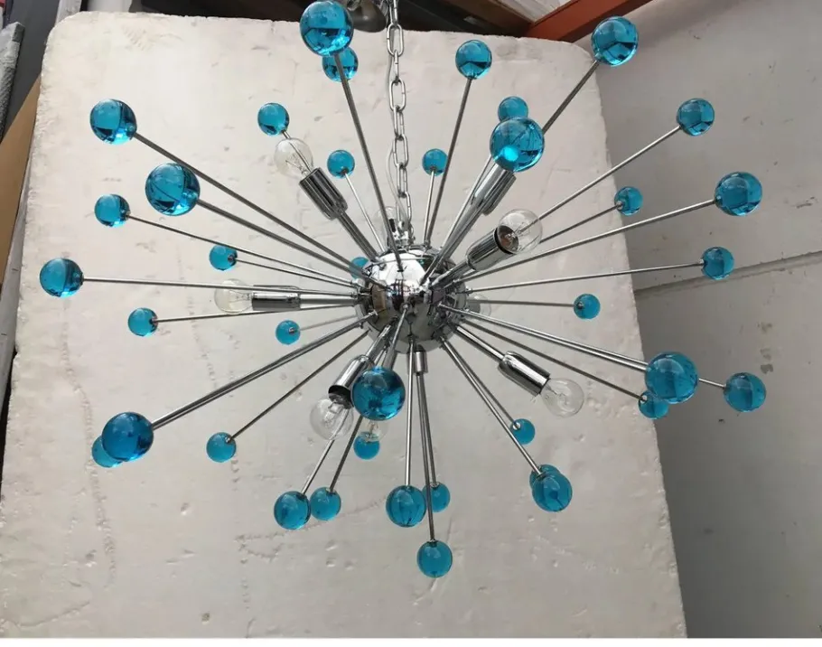 New Pamono Murano Style Glass Sputnik Blue Italian Handmade Chandelier