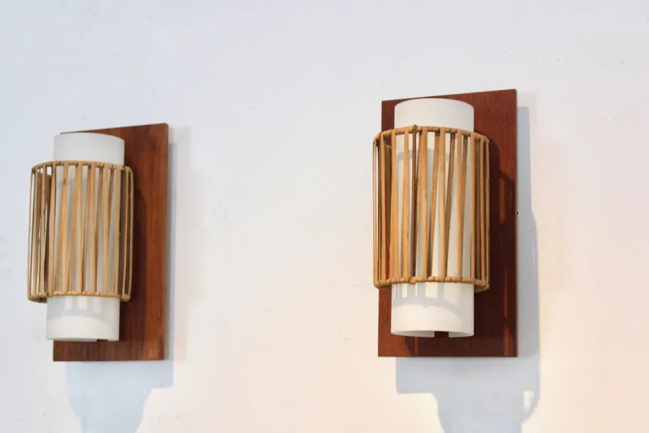 Best Pamono Natural Rattan, Teak and Opaline Glass Wall Lights, 1960s, Set of 2