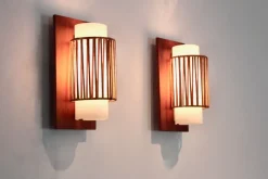 Best Pamono Natural Rattan, Teak and Opaline Glass Wall Lights, 1960s, Set of 2
