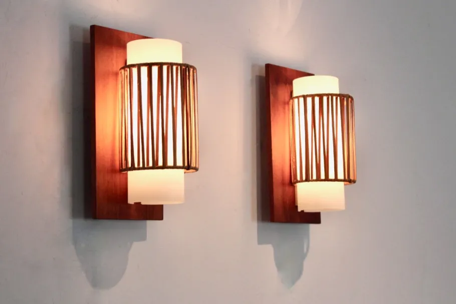 Best Pamono Natural Rattan, Teak and Opaline Glass Wall Lights, 1960s, Set of 2
