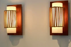 Best Pamono Natural Rattan, Teak and Opaline Glass Wall Lights, 1960s, Set of 2