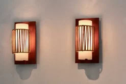 Best Pamono Natural Rattan, Teak and Opaline Glass Wall Lights, 1960s, Set of 2