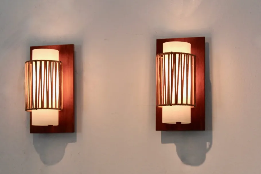 Best Pamono Natural Rattan, Teak and Opaline Glass Wall Lights, 1960s, Set of 2
