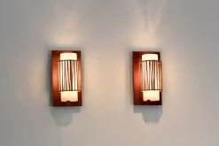 Best Pamono Natural Rattan, Teak and Opaline Glass Wall Lights, 1960s, Set of 2