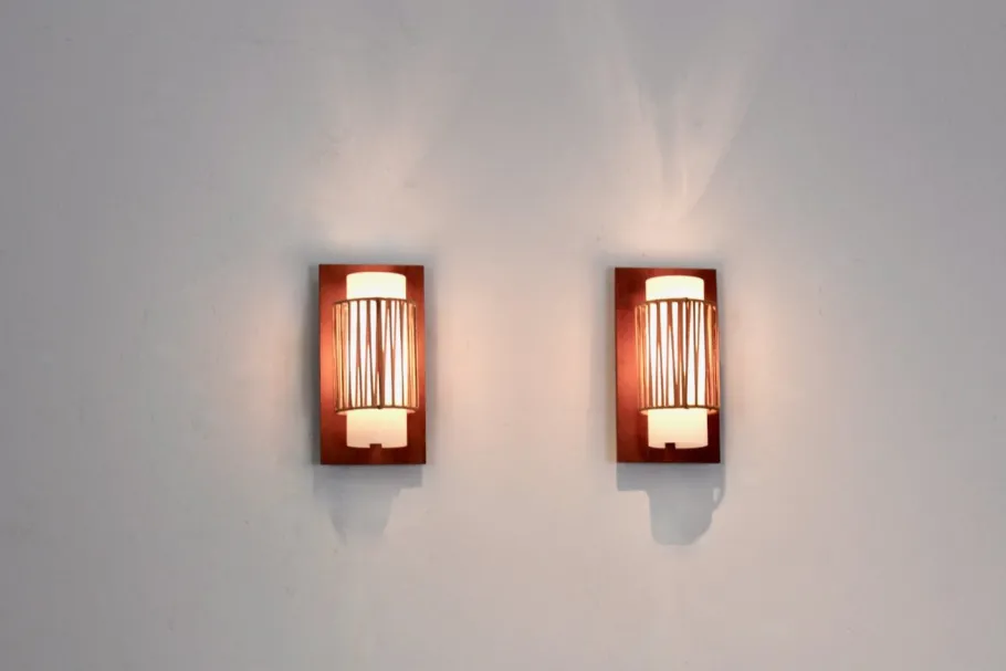 Best Pamono Natural Rattan, Teak and Opaline Glass Wall Lights, 1960s, Set of 2