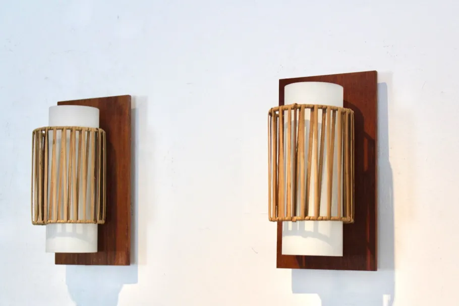 Best Pamono Natural Rattan, Teak and Opaline Glass Wall Lights, 1960s, Set of 2