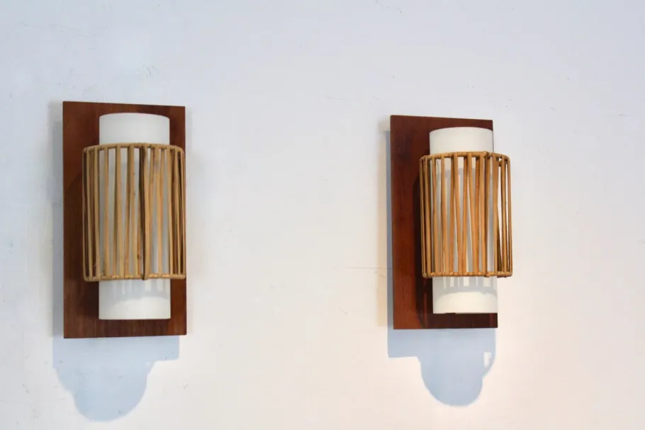 Best Pamono Natural Rattan, Teak and Opaline Glass Wall Lights, 1960s, Set of 2