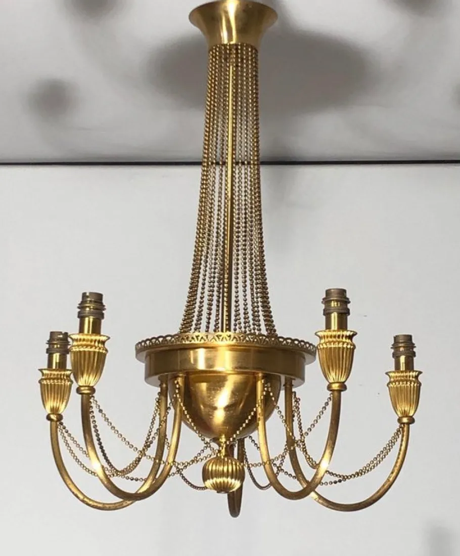 New Pamono Neoclassical Brass Style Chandelier Decorated with Beaded Garlands