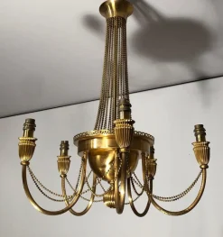 New Pamono Neoclassical Brass Style Chandelier Decorated with Beaded Garlands