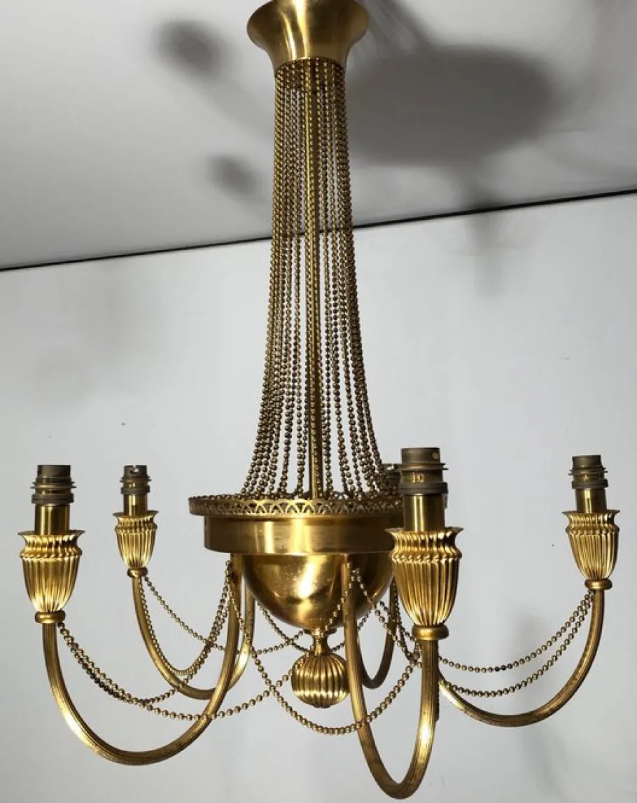 New Pamono Neoclassical Brass Style Chandelier Decorated with Beaded Garlands