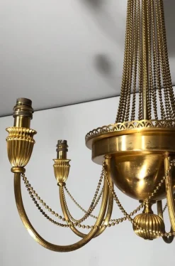 New Pamono Neoclassical Brass Style Chandelier Decorated with Beaded Garlands
