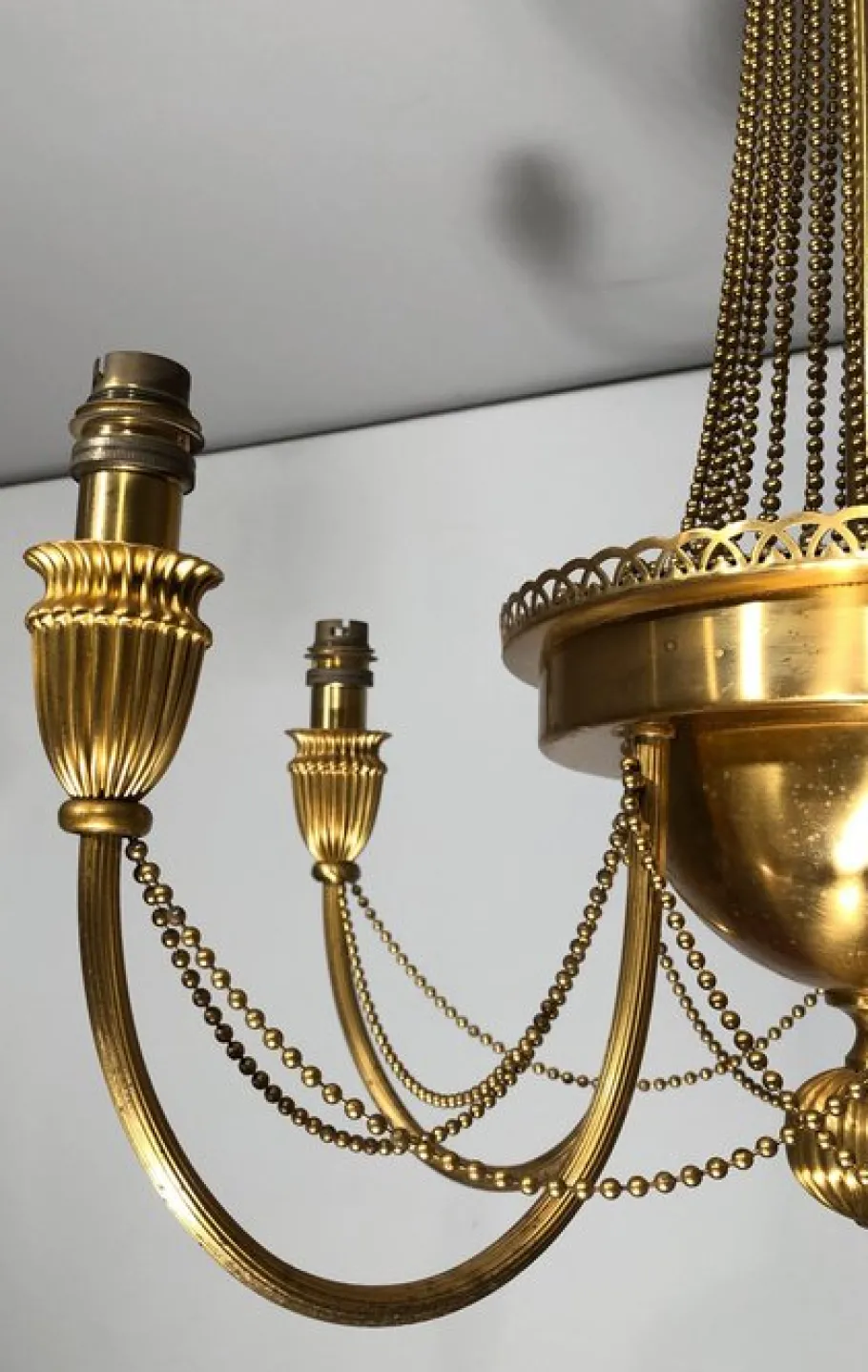 New Pamono Neoclassical Brass Style Chandelier Decorated with Beaded Garlands