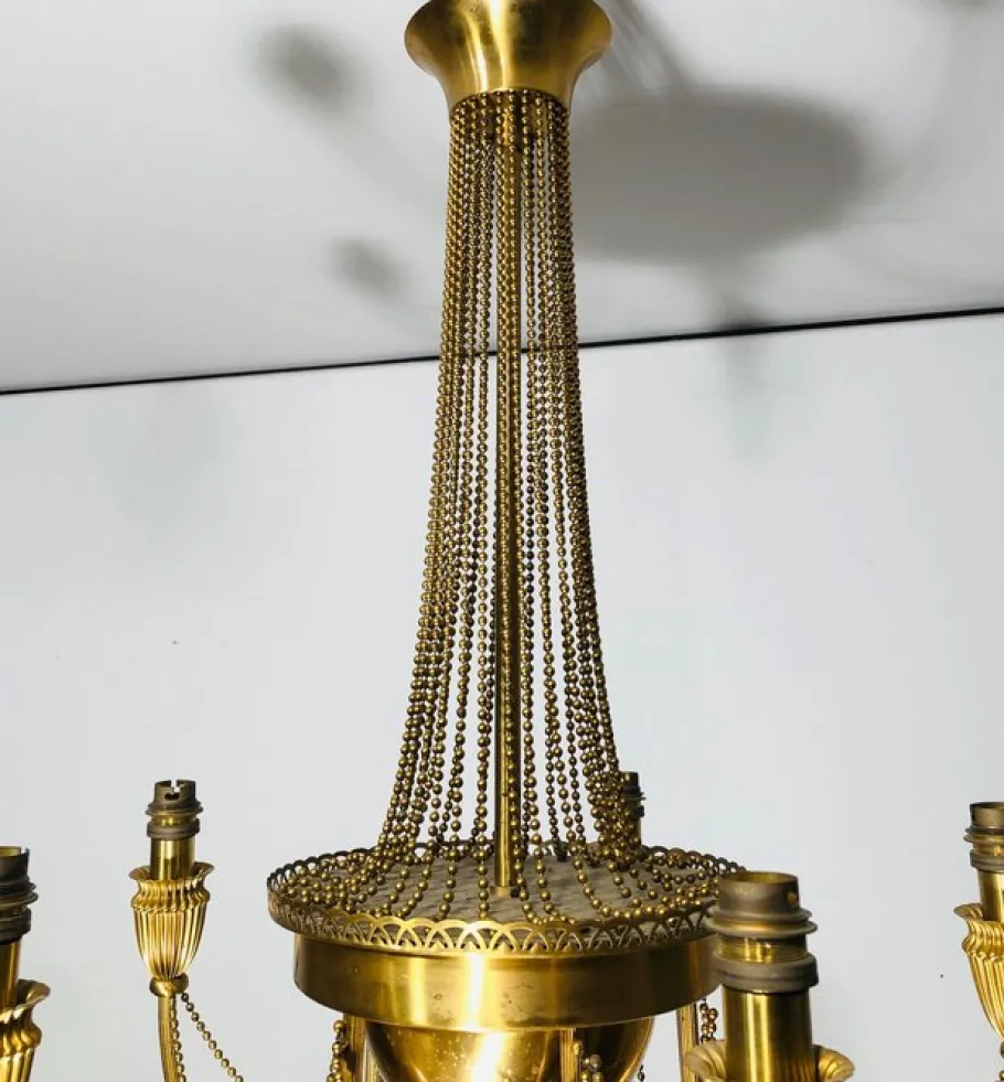New Pamono Neoclassical Brass Style Chandelier Decorated with Beaded Garlands