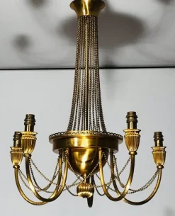 New Pamono Neoclassical Brass Style Chandelier Decorated with Beaded Garlands