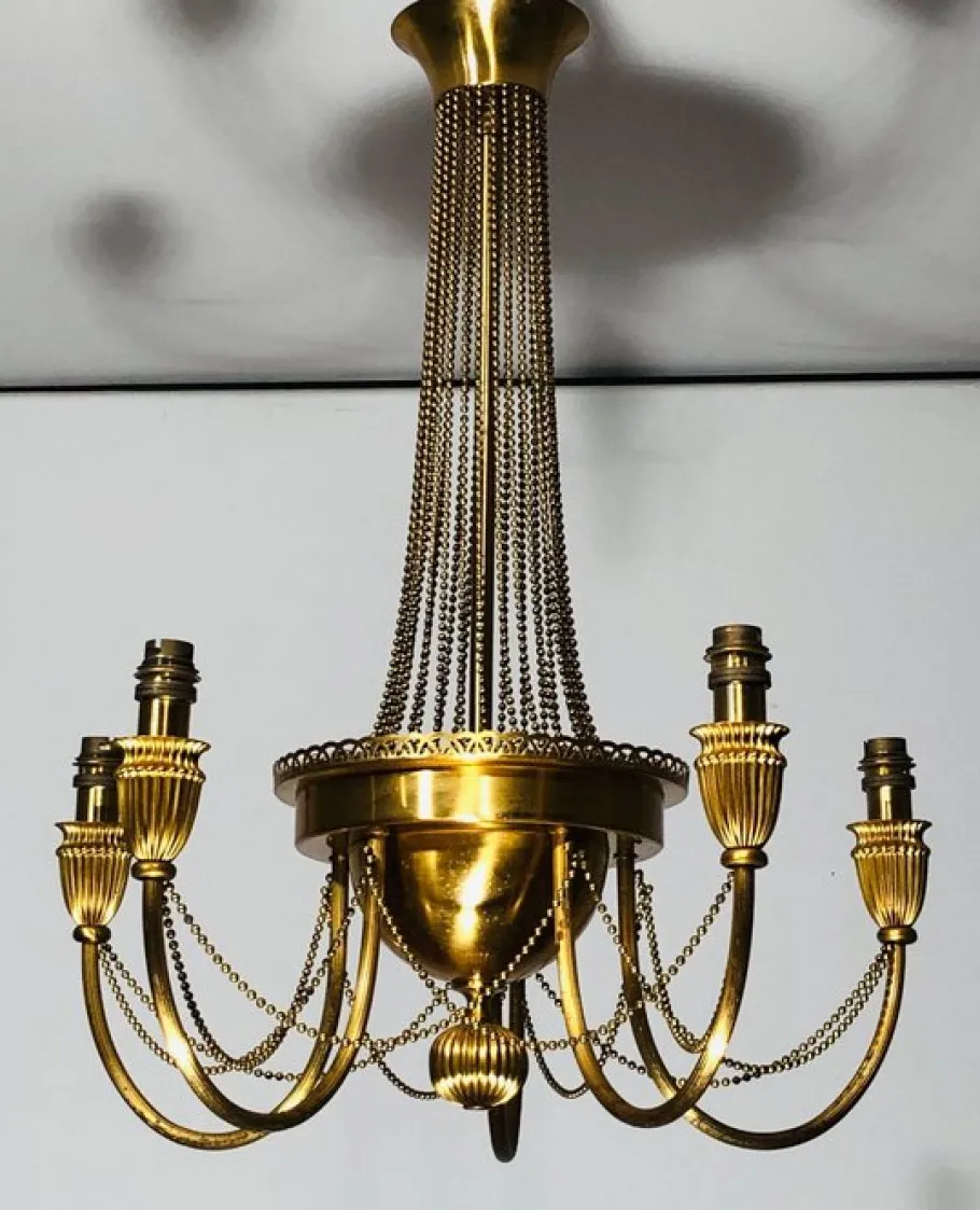 New Pamono Neoclassical Brass Style Chandelier Decorated with Beaded Garlands