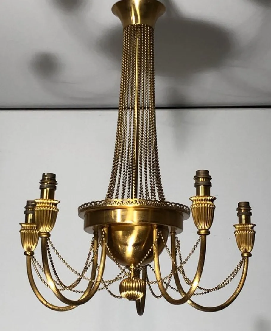 New Pamono Neoclassical Brass Style Chandelier Decorated with Beaded Garlands