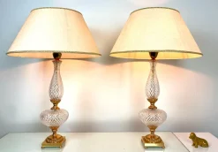 New Pamono Neoclassical Cut Crystal & Brass Table Lamps, Italy, 1950s, Set of 2
