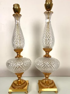 New Pamono Neoclassical Cut Crystal & Brass Table Lamps, Italy, 1950s, Set of 2