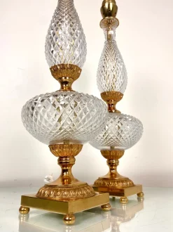 New Pamono Neoclassical Cut Crystal & Brass Table Lamps, Italy, 1950s, Set of 2