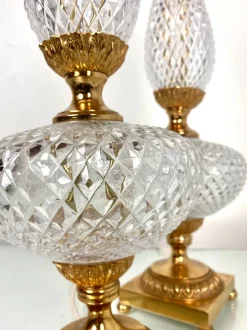 New Pamono Neoclassical Cut Crystal & Brass Table Lamps, Italy, 1950s, Set of 2