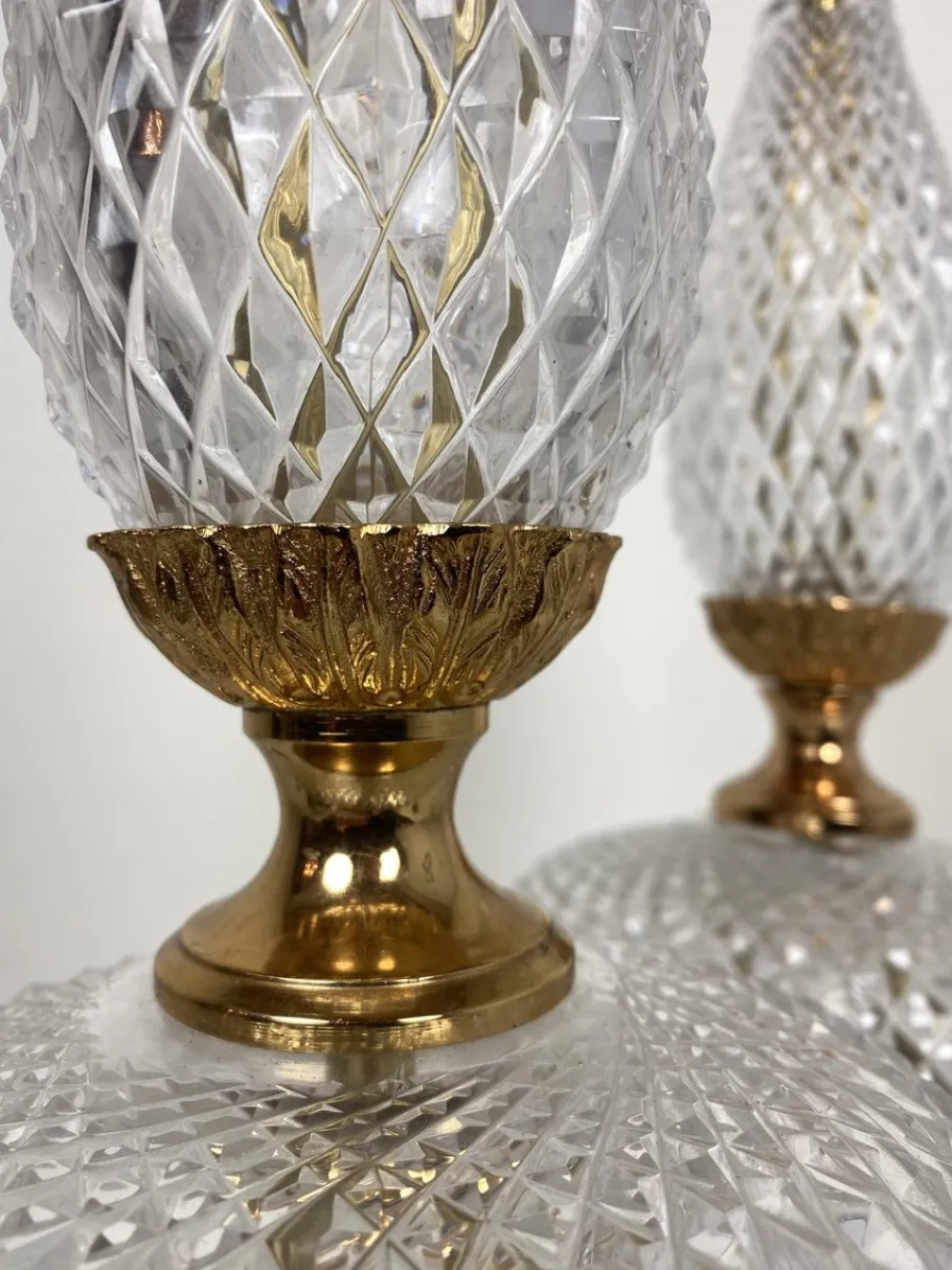 New Pamono Neoclassical Cut Crystal & Brass Table Lamps, Italy, 1950s, Set of 2