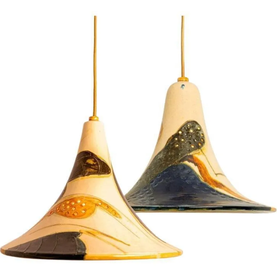 Best Pamono Ochre Blue Cream Orange Ceramic Cone Pendants, Denmark, 1970, Set of 2