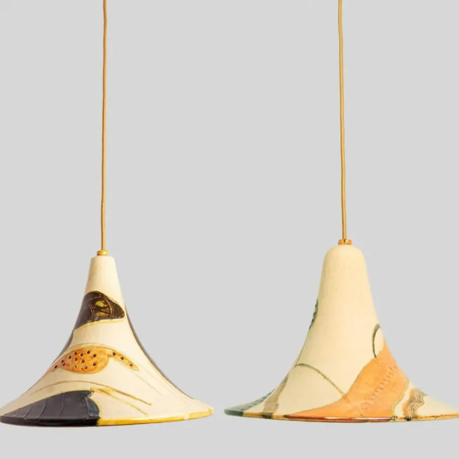 Best Pamono Ochre Blue Cream Orange Ceramic Cone Pendants, Denmark, 1970, Set of 2