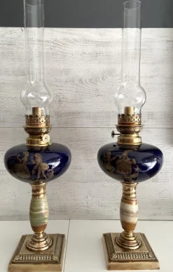Outlet Pamono Oil Lamps in Bronze and Earthenware, 1890s, Set of 2