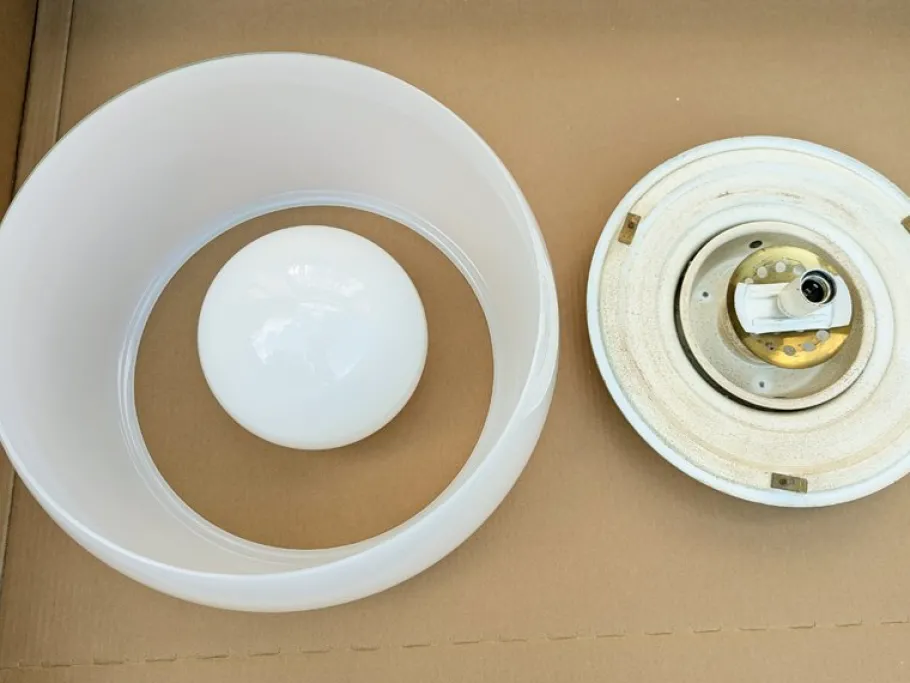 Clearance Pamono Opaline Glass and Brass Omega Ceiling Lamp by Vico Magistretti for Artemide, 1960s