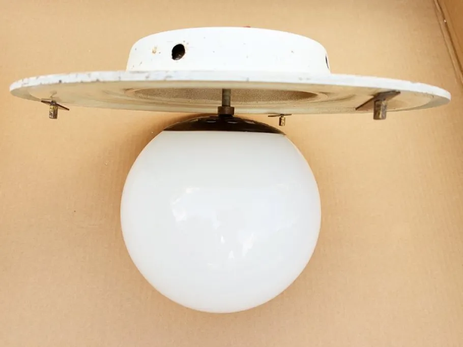 Clearance Pamono Opaline Glass and Brass Omega Ceiling Lamp by Vico Magistretti for Artemide, 1960s