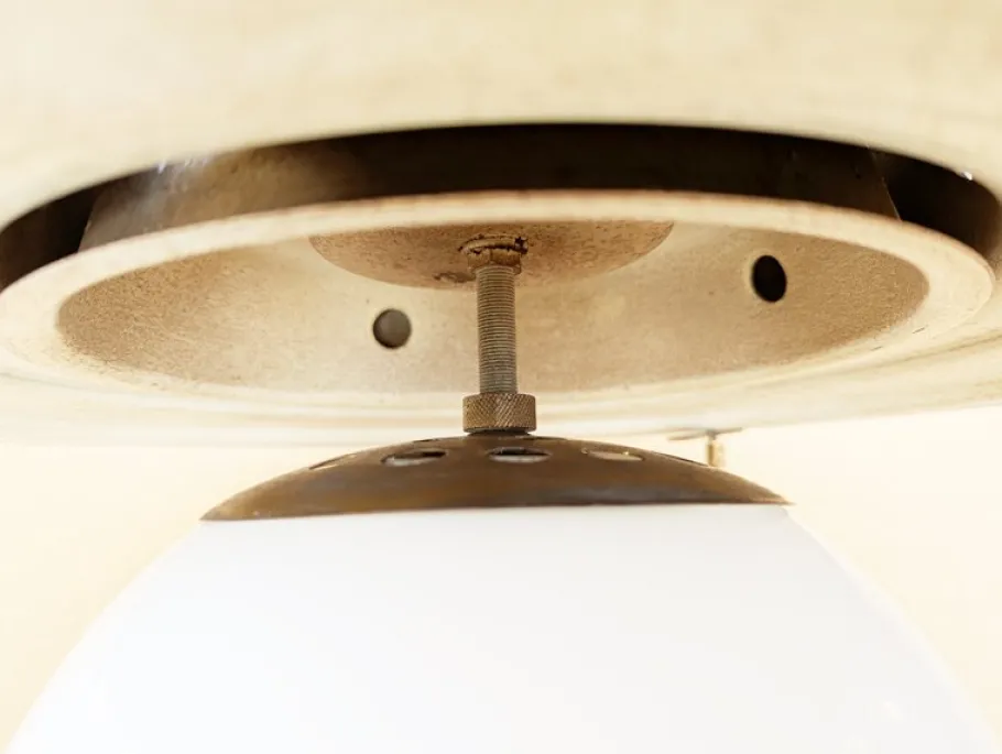 Clearance Pamono Opaline Glass and Brass Omega Ceiling Lamp by Vico Magistretti for Artemide, 1960s