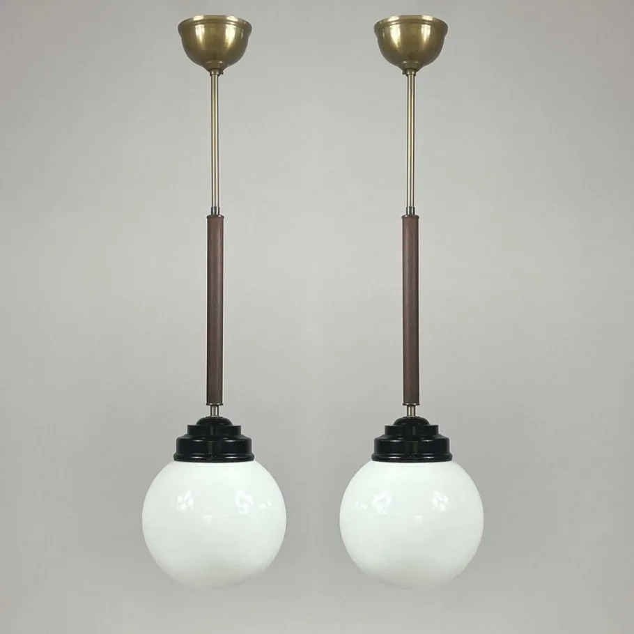 Clearance Pamono Opaline Glass, Bakelite and Wood Pendant from Sieverts Kabelverk, Sweden, 1940s