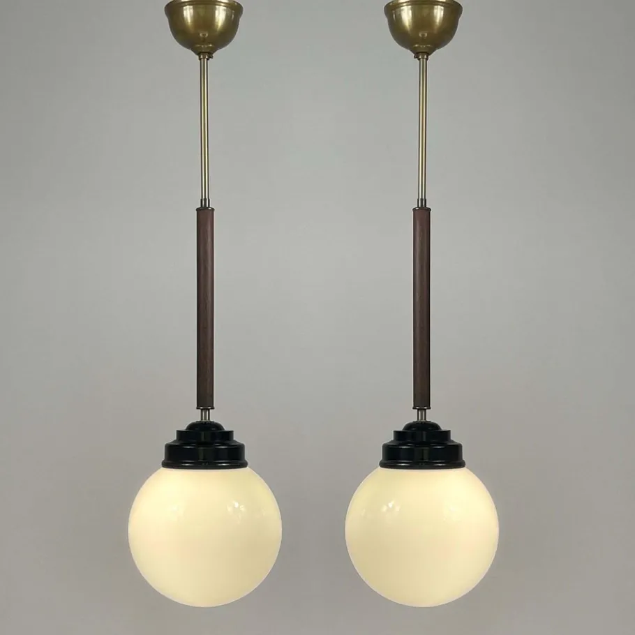 Clearance Pamono Opaline Glass, Bakelite and Wood Pendant from Sieverts Kabelverk, Sweden, 1940s