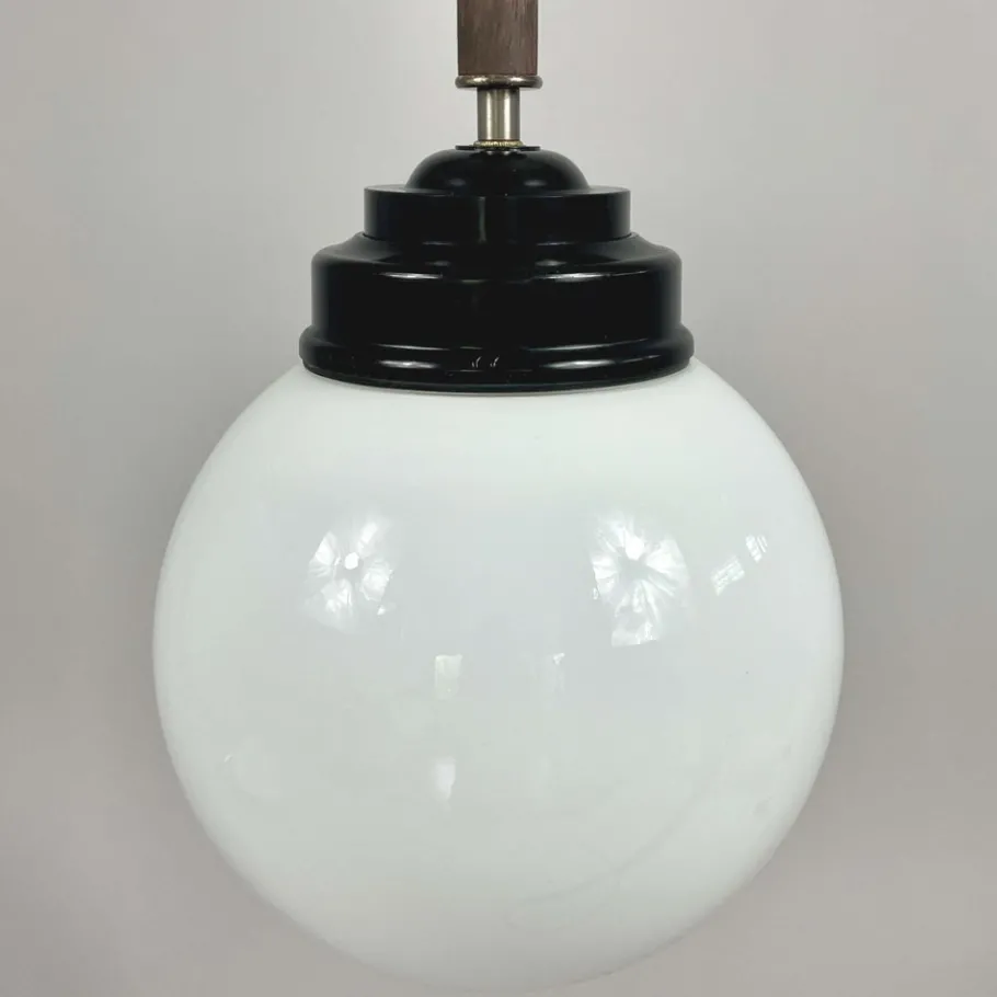 Clearance Pamono Opaline Glass, Bakelite and Wood Pendant from Sieverts Kabelverk, Sweden, 1940s