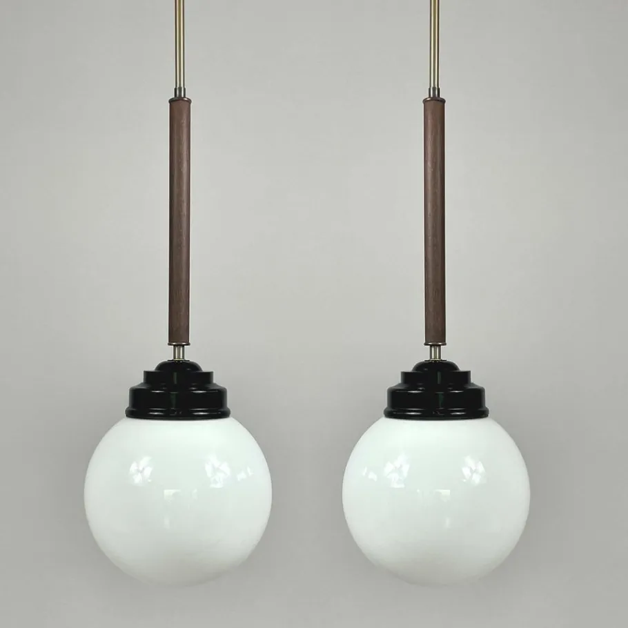 Clearance Pamono Opaline Glass, Bakelite and Wood Pendant from Sieverts Kabelverk, Sweden, 1940s