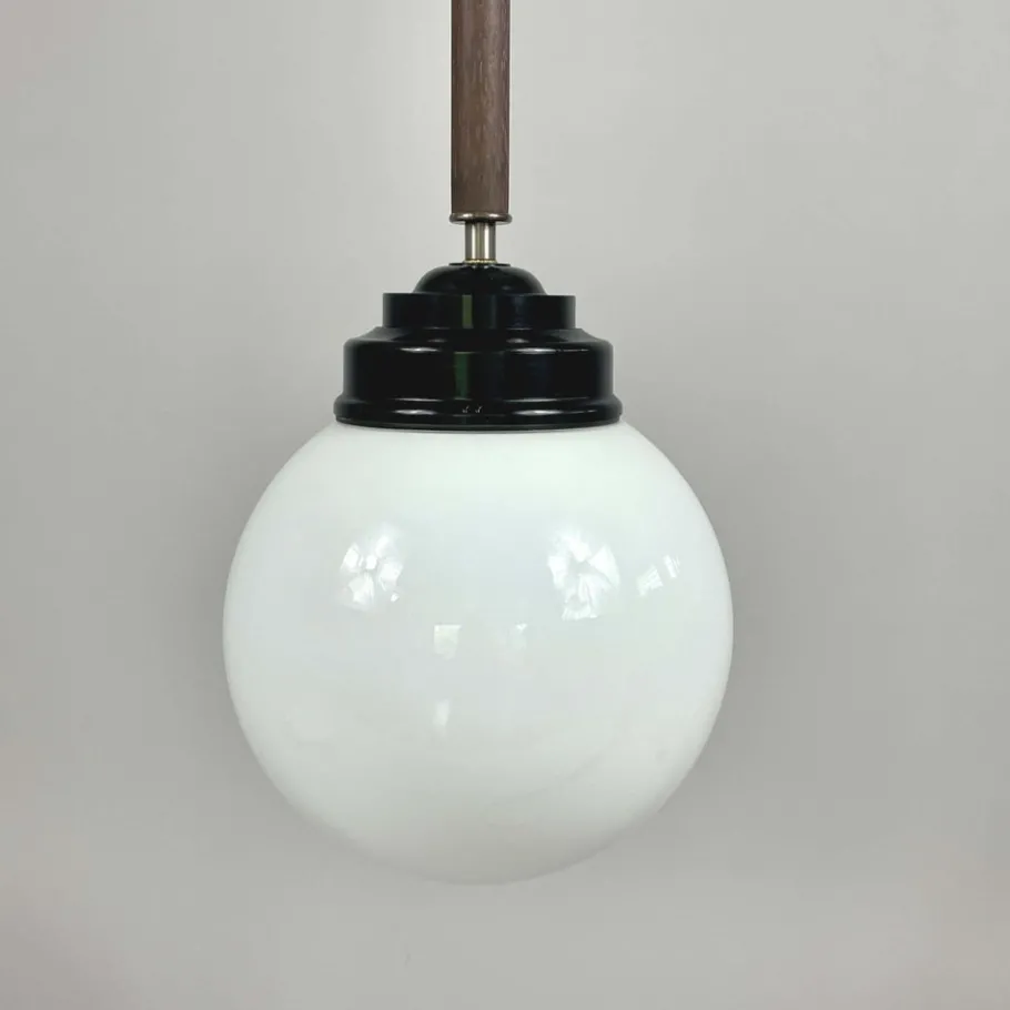 Clearance Pamono Opaline Glass, Bakelite and Wood Pendant from Sieverts Kabelverk, Sweden, 1940s