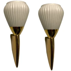 Hot Pamono Opaline Glass Pleated Brass Sconces, 1980s, Set of 2